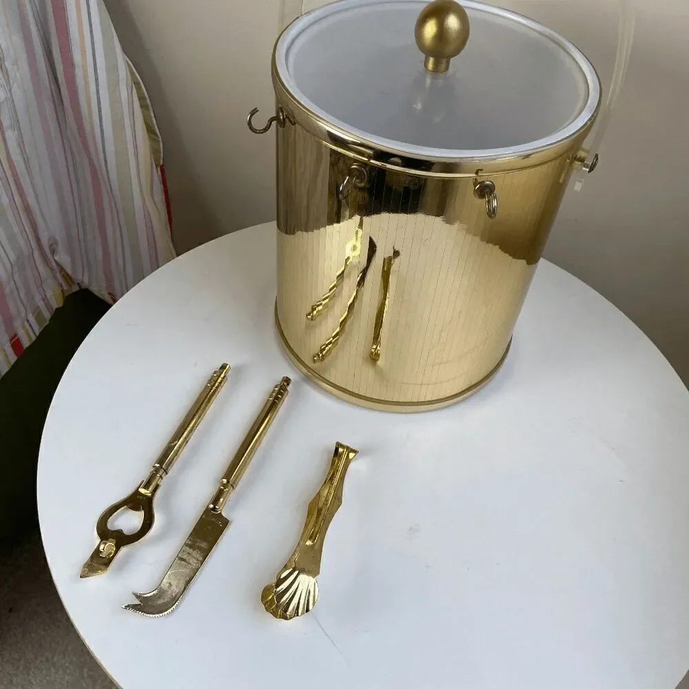 Vintage 1970s Metallic Gold Ice Bucket Clear Lucite Handle with Bar Utensils Bar
